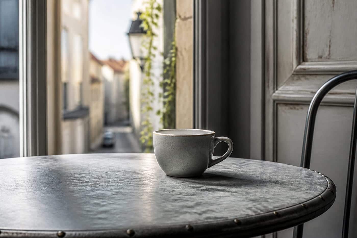 Tasse de café sur une table, lumière du matin.